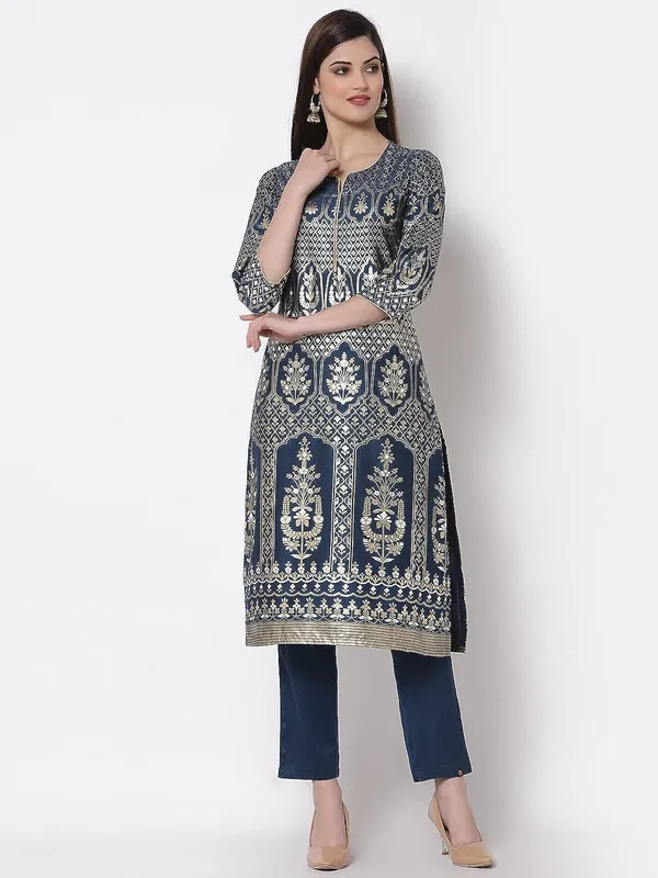 Teal_Cotton_Silk_Printed_A-Line_Kurti_Pant_Set_For_Women