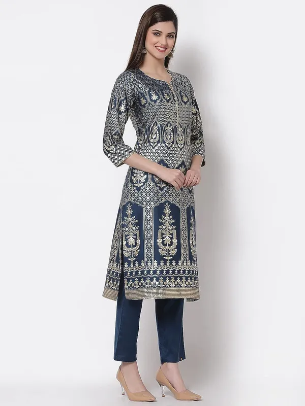 Teal_Cotton_Silk_Printed_A-Line_Kurti_Pant_Set_For_Women