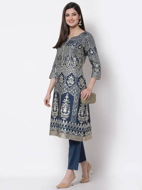 Teal_Cotton_Silk_Printed_A-Line_Kurti_Pant_Set_For_Women