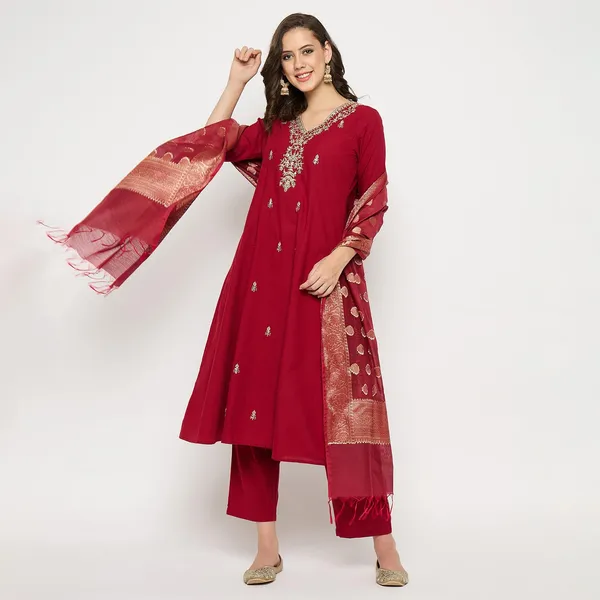 Maroon_Mangalagiri_Embroidered_Anarkali_Kurta_Pant_Set_With_Banarasi_Dupatta_For_Women
