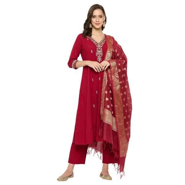 Maroon_Mangalagiri_Embroidered_Anarkali_Kurta_Pant_Set_With_Banarasi_Dupatta_For_Women