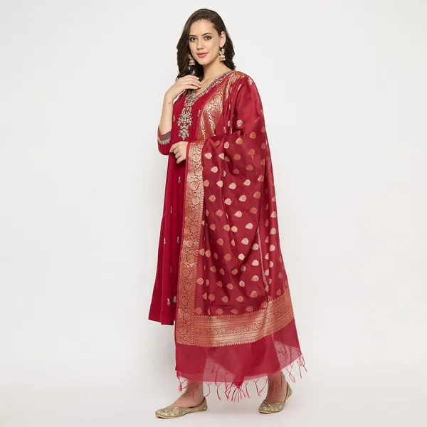 Maroon_Mangalagiri_Embroidered_Anarkali_Kurta_Pant_Set_With_Banarasi_Dupatta_For_Women