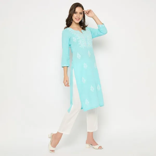 Sky_Blue_Cotton_Slub_Embroidered_Straight_Kurti_Pant_Set_For_Women