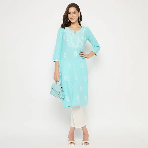 Sky_Blue_Cotton_Slub_Embroidered_Straight_Kurti_Pant_Set_For_Women