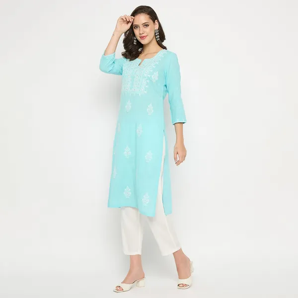 Sky_Blue_Cotton_Slub_Embroidered_Straight_Kurti_Pant_Set_For_Women