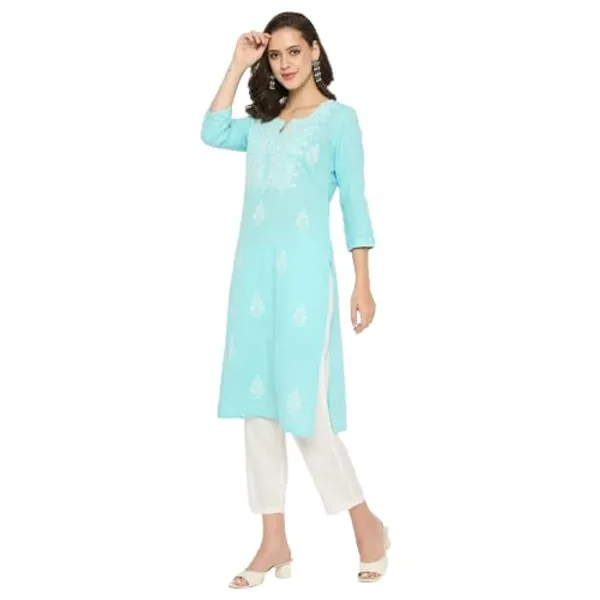Sky_Blue_Cotton_Slub_Embroidered_Straight_Kurti_Pant_Set_For_Women