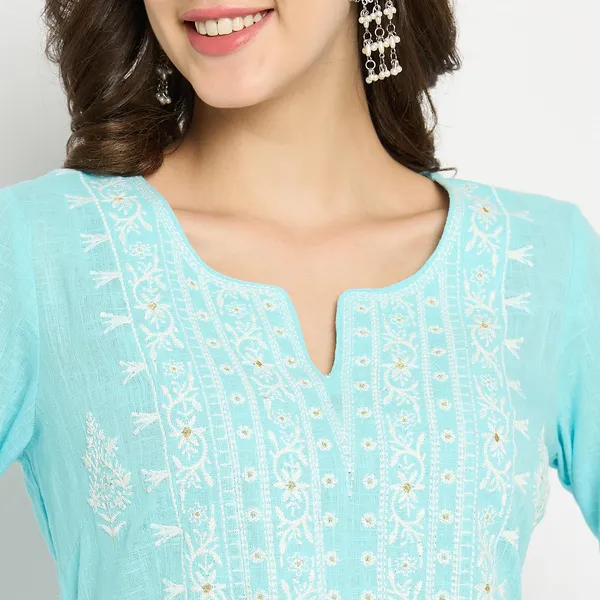 Sky_Blue_Cotton_Slub_Embroidered_Straight_Kurti_Pant_Set_For_Women