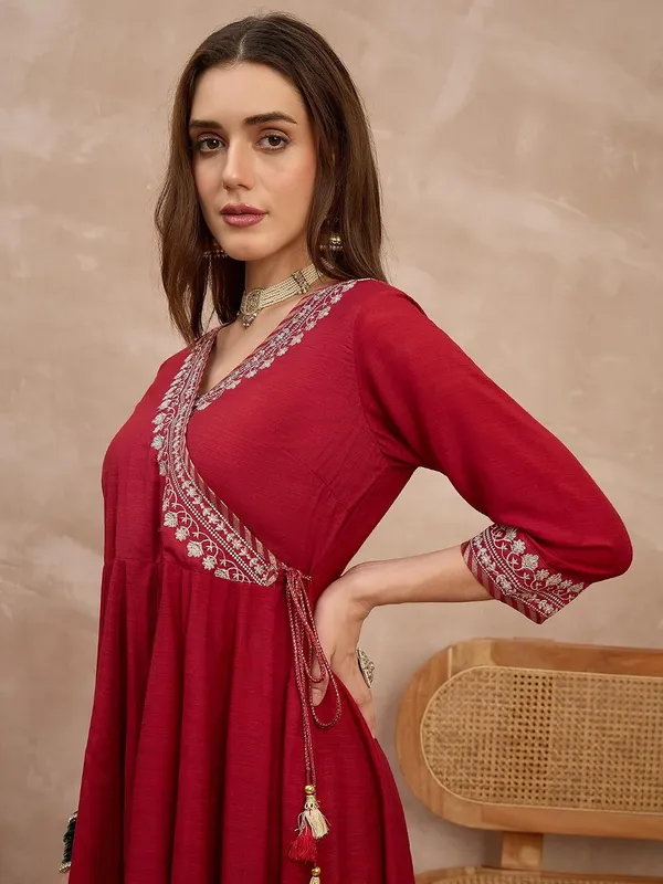 Maroon_Embroidered_Angrakha_Anarkali_Suit_Set_With_Banarasi_Dupatta_For_Women