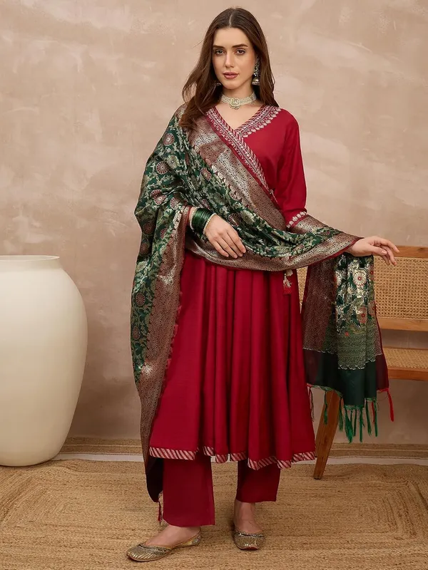 Maroon_Embroidered_Angrakha_Anarkali_Suit_Set_With_Banarasi_Dupatta_For_Women