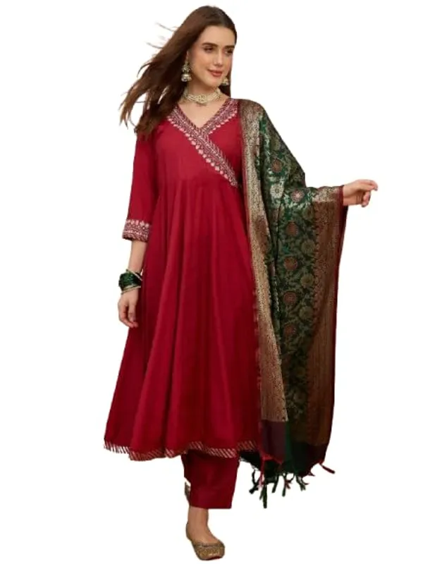 Maroon_Embroidered_Angrakha_Anarkali_Suit_Set_With_Banarasi_Dupatta_For_Women