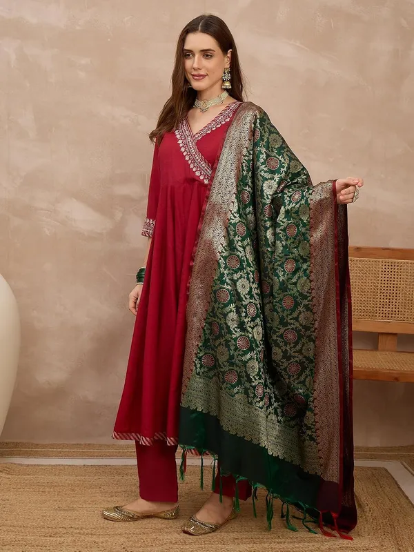 Maroon_Embroidered_Angrakha_Anarkali_Suit_Set_With_Banarasi_Dupatta_For_Women