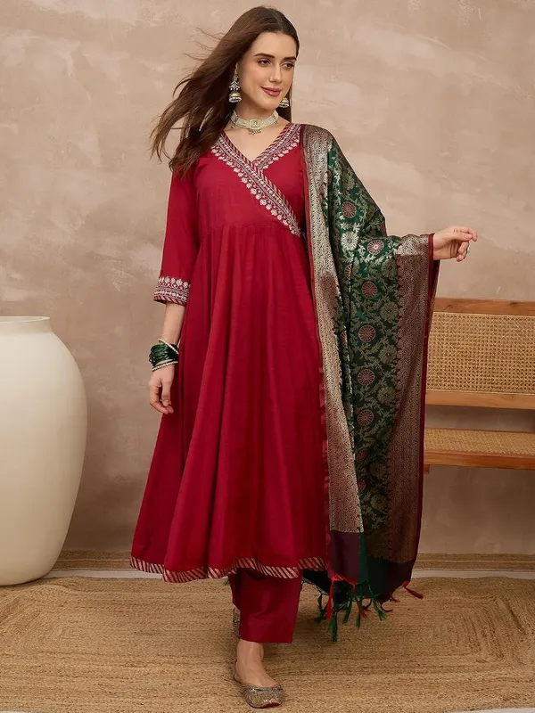 Maroon_Embroidered_Angrakha_Anarkali_Suit_Set_With_Banarasi_Dupatta_For_Women