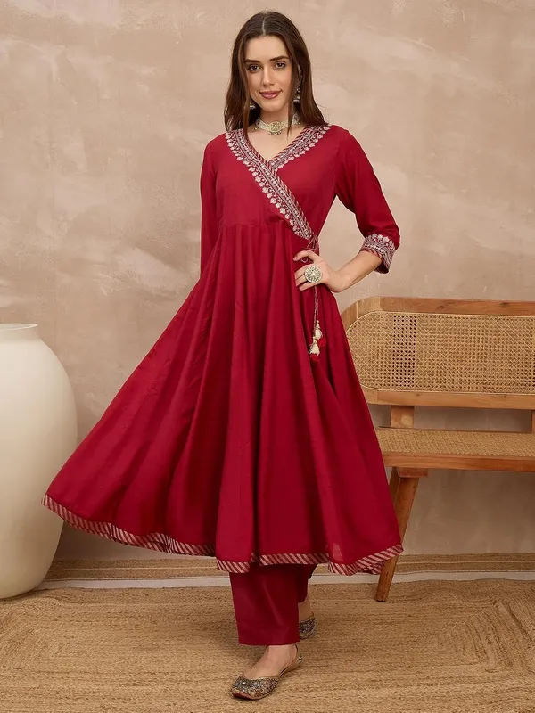 Maroon_Embroidered_Angrakha_Anarkali_Suit_Set_With_Banarasi_Dupatta_For_Women