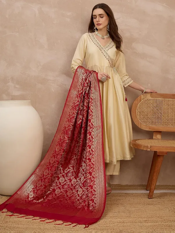 Champagne_Gold_Embroidered_Angrakha_Anarkali_Suit_Set_With_Banarasi_Dupatta_For_Women