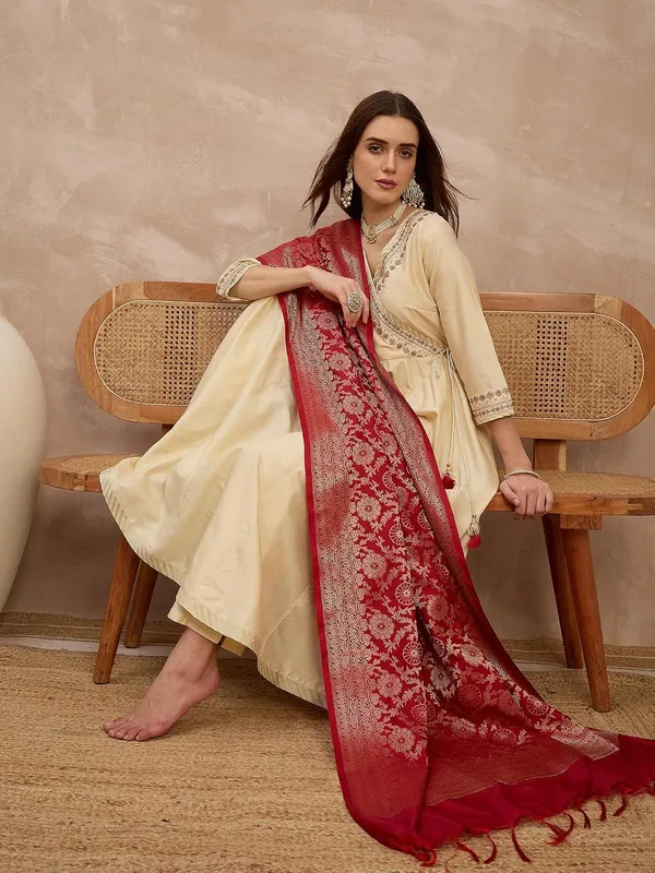 Champagne_Gold_Embroidered_Angrakha_Anarkali_Suit_Set_With_Banarasi_Dupatta_For_Women
