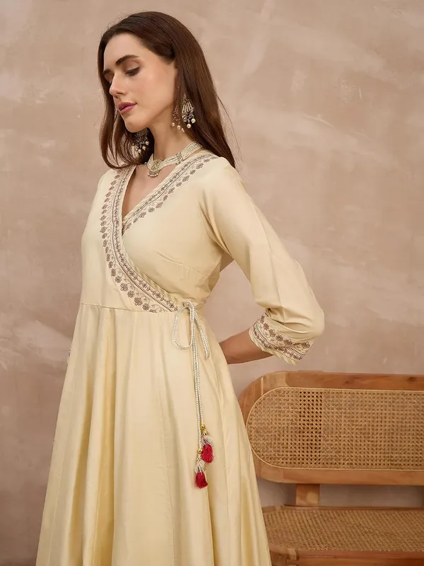 Champagne_Gold_Embroidered_Angrakha_Anarkali_Suit_Set_With_Banarasi_Dupatta_For_Women