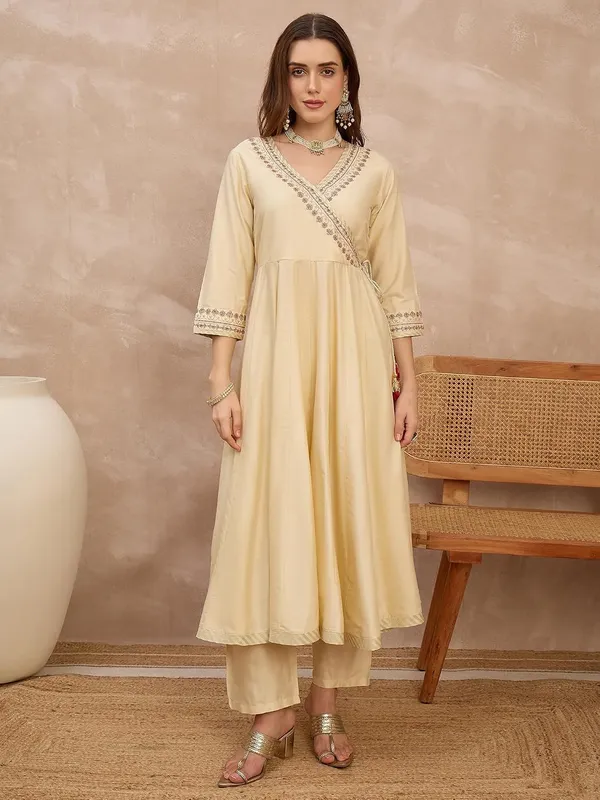 Champagne_Gold_Embroidered_Angrakha_Anarkali_Suit_Set_With_Banarasi_Dupatta_For_Women