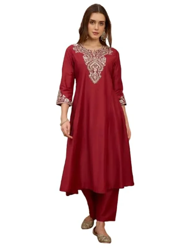 Maroon_Cotton_Silk_Embroidered_Anarkali_Suit_Set_With_Banarasi_Dupatta_For_Women