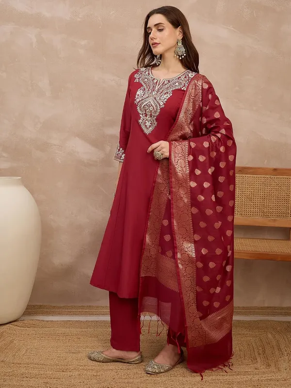 Maroon_Cotton_Silk_Embroidered_Anarkali_Suit_Set_With_Banarasi_Dupatta_For_Women