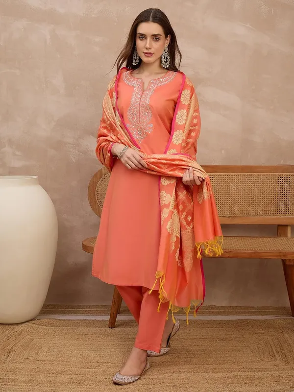 Coral_Peach_Cotton_Silk_Embroidered_Festive_Suit_Set_With_Banarasi_Dupatta_For_Women