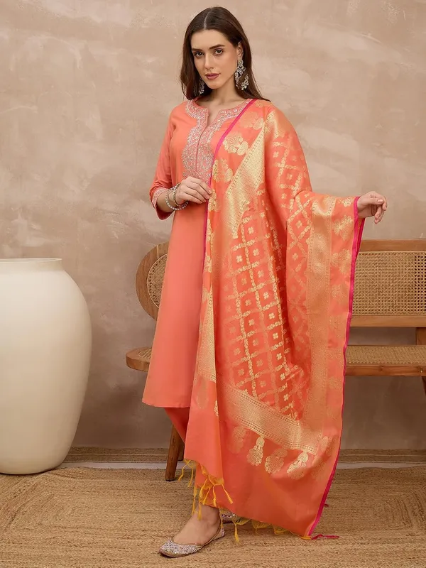 Coral_Peach_Cotton_Silk_Embroidered_Festive_Suit_Set_With_Banarasi_Dupatta_For_Women