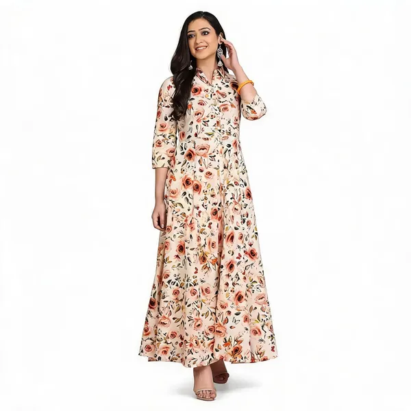 Off_White_Cotton_Floral_Print_Flared_A-Line_Long_Kurta_For_Women