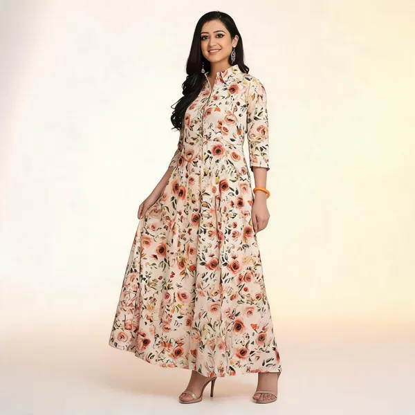 Off_White_Cotton_Floral_Print_Flared_A-Line_Long_Kurta_For_Women