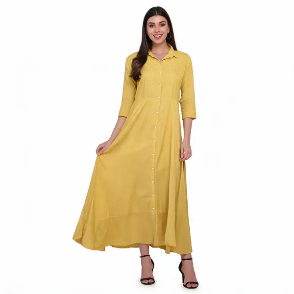 Ochre_Viscose_Jacquard_Flared_Maxi_Dress_For_Women
