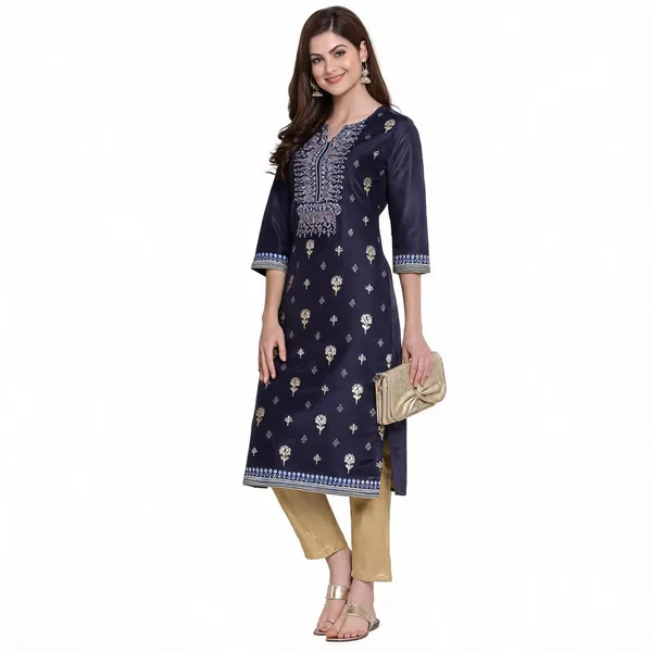 Navy_Blue_Shantung_Straight_Kurta_With_Gold_Embellishments_For_Women
