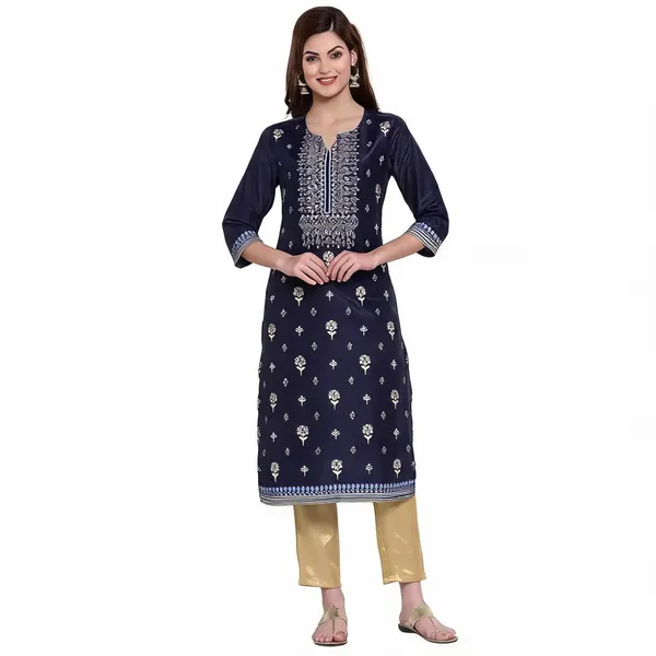 Navy_Blue_Shantung_Straight_Kurta_With_Gold_Embellishments_For_Women