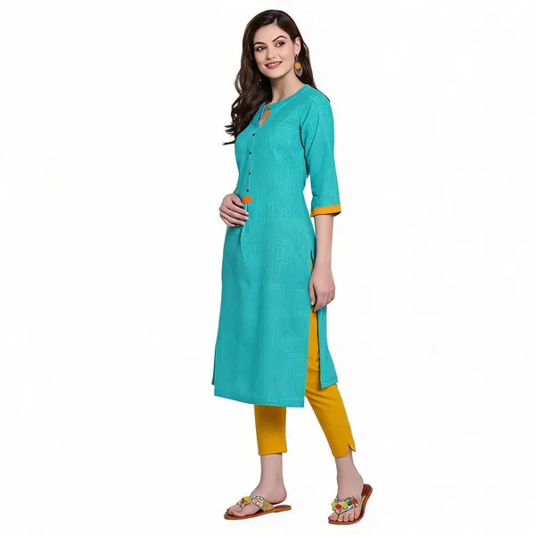 Turquoise_Mangalagiri_Cotton_Dobby_Weave_Straight_Kurta_For_Women