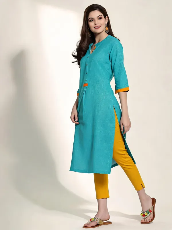 Turquoise_Mangalagiri_Cotton_Dobby_Weave_Straight_Kurta_For_Women