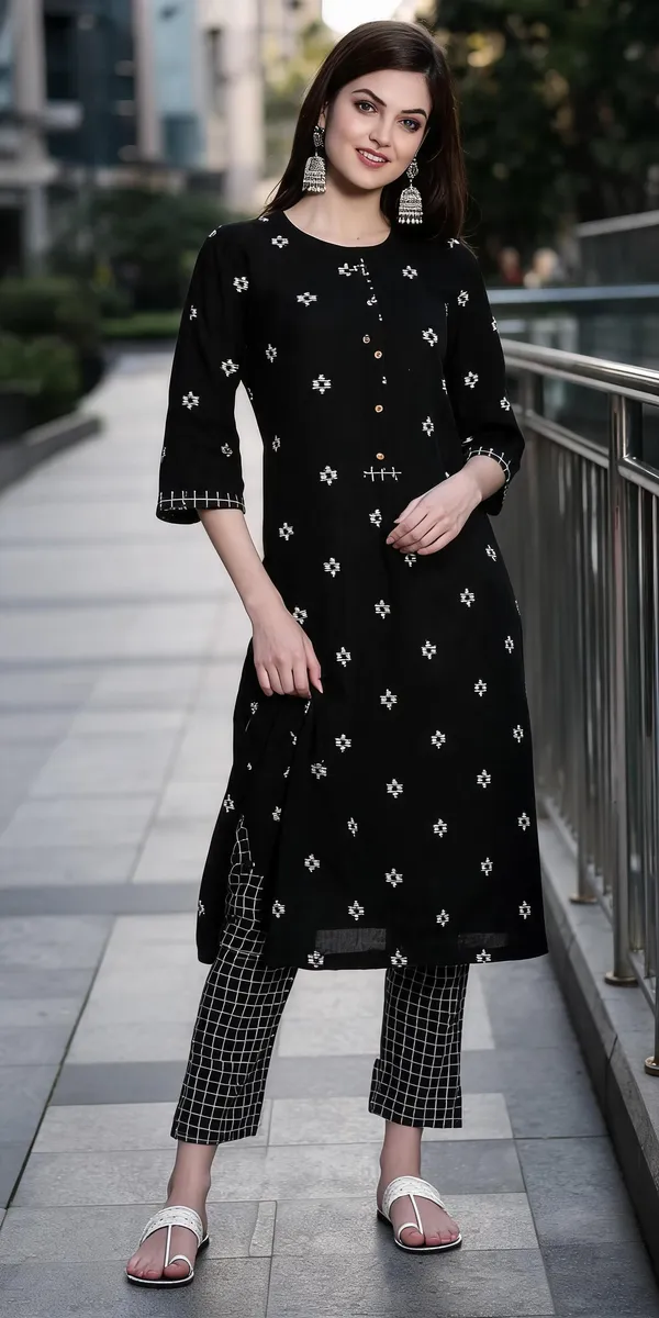 Black_Mangalagiri_Cotton_A-Line_Kurta_Pant_Set_For_Women