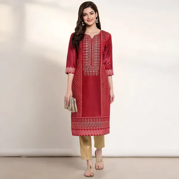 Red_Shantung_Straight_Kurta_With_Gold_Embellishments_For_Women