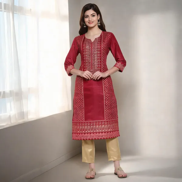 Red_Shantung_Straight_Kurta_With_Gold_Embellishments_For_Women