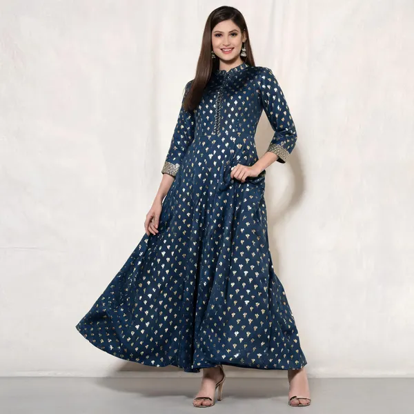 Teal_Cotton_Silk_Foil_Embellished_Anarkali_Fusion_Dress_For_Women