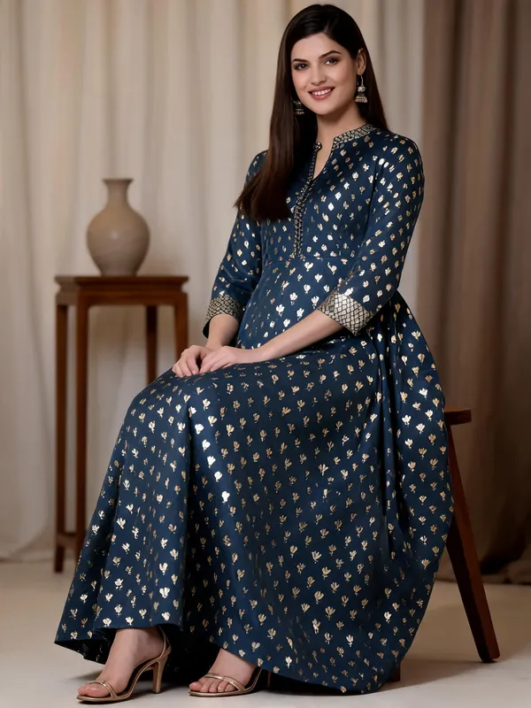 Teal_Cotton_Silk_Foil_Embellished_Anarkali_Fusion_Dress_For_Women