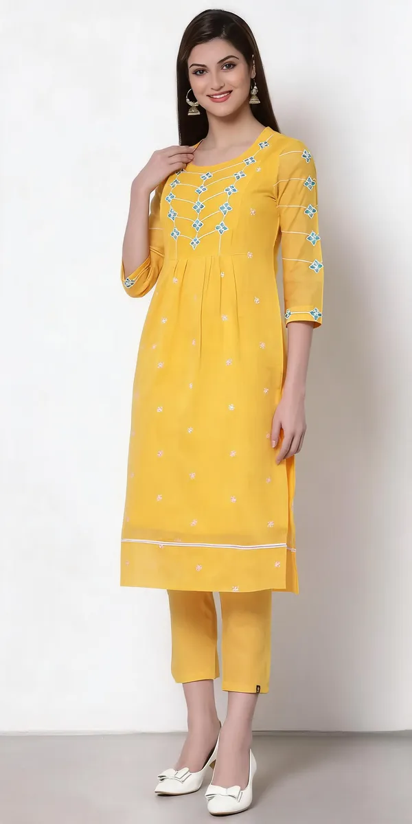 Ochre_Chanderi_Cotton_Silk_A-Line_Kurta_Pant_Set_For_Women
