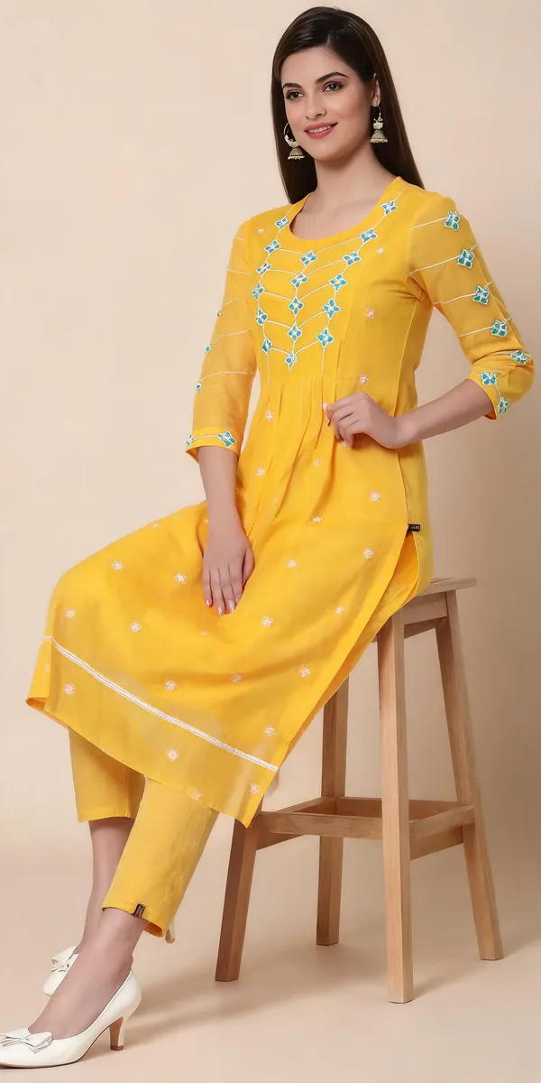 Ochre_Chanderi_Cotton_Silk_A-Line_Kurta_Pant_Set_For_Women