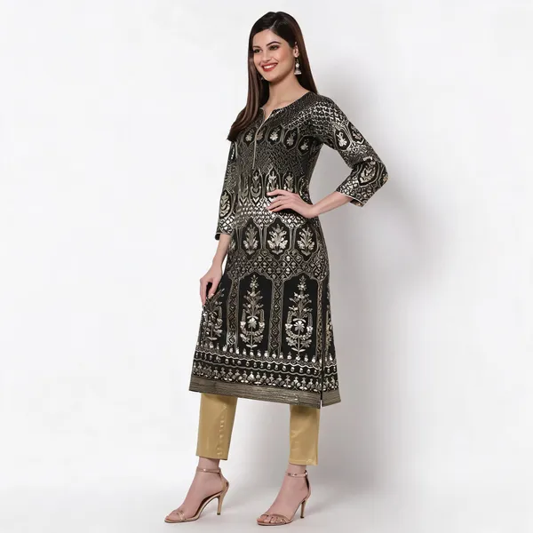 Black_Cotton_Slub_Metallic_Foil_Print_Straight_Kurta_For_Women