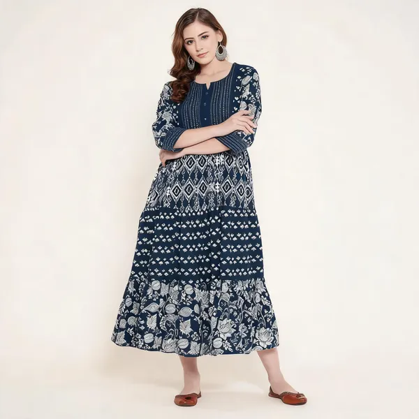 Indigo_Mangalagiri_Cotton_Tiered_Kurta_For_Women