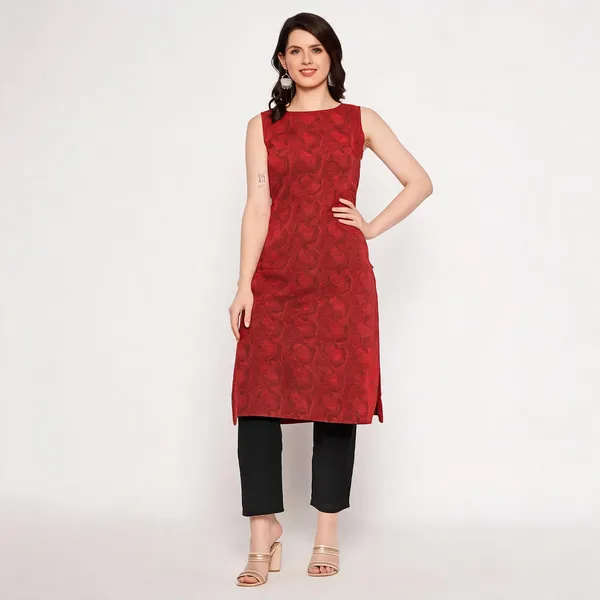 Rust_Cotton_Sleeveless_Printed_Kurta_For_Women