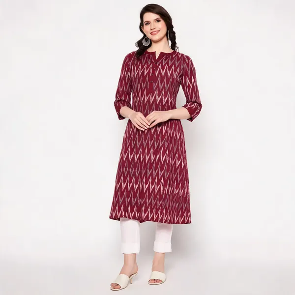 Maroon_Cotton_Ikat_A-Line_Sleeveless_Kurta_With_White_Linen_Pant_For_Women