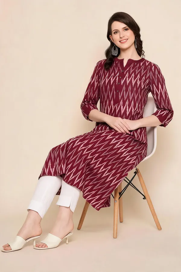 Maroon_Cotton_Ikat_A-Line_Sleeveless_Kurta_With_White_Linen_Pant_For_Women