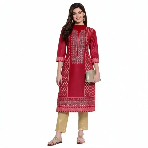 Red_Shantung_Straight_Kurta_With_Gold_Embellishments_For_Women