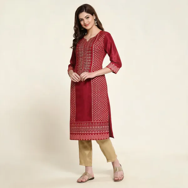 Red_Shantung_Straight_Kurta_With_Gold_Embellishments_For_Women