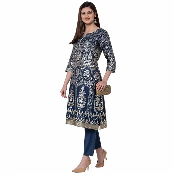 Teal_Cotton_Silk_Printed_A-Line_Kurti_Pant_Set_For_Women