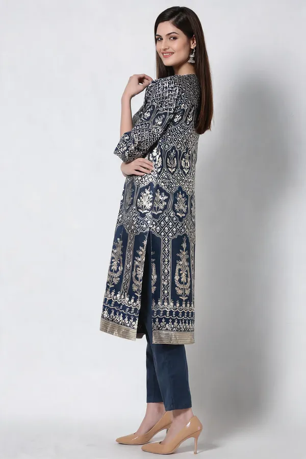 Teal_Cotton_Silk_Printed_A-Line_Kurti_Pant_Set_For_Women