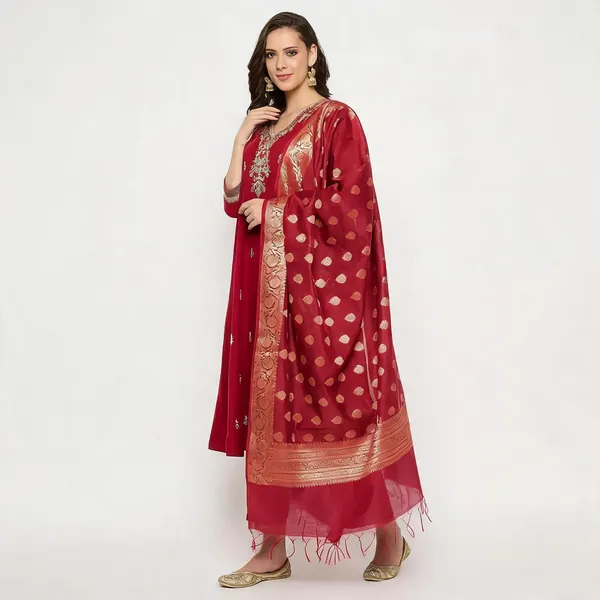 Maroon_Mangalagiri_Embroidered_Anarkali_Kurta_Pant_Set_With_Banarasi_Dupatta_For_Women