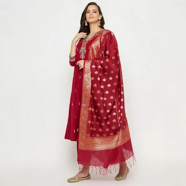 Maroon_Mangalagiri_Embroidered_Anarkali_Kurta_Pant_Set_With_Banarasi_Dupatta_For_Women